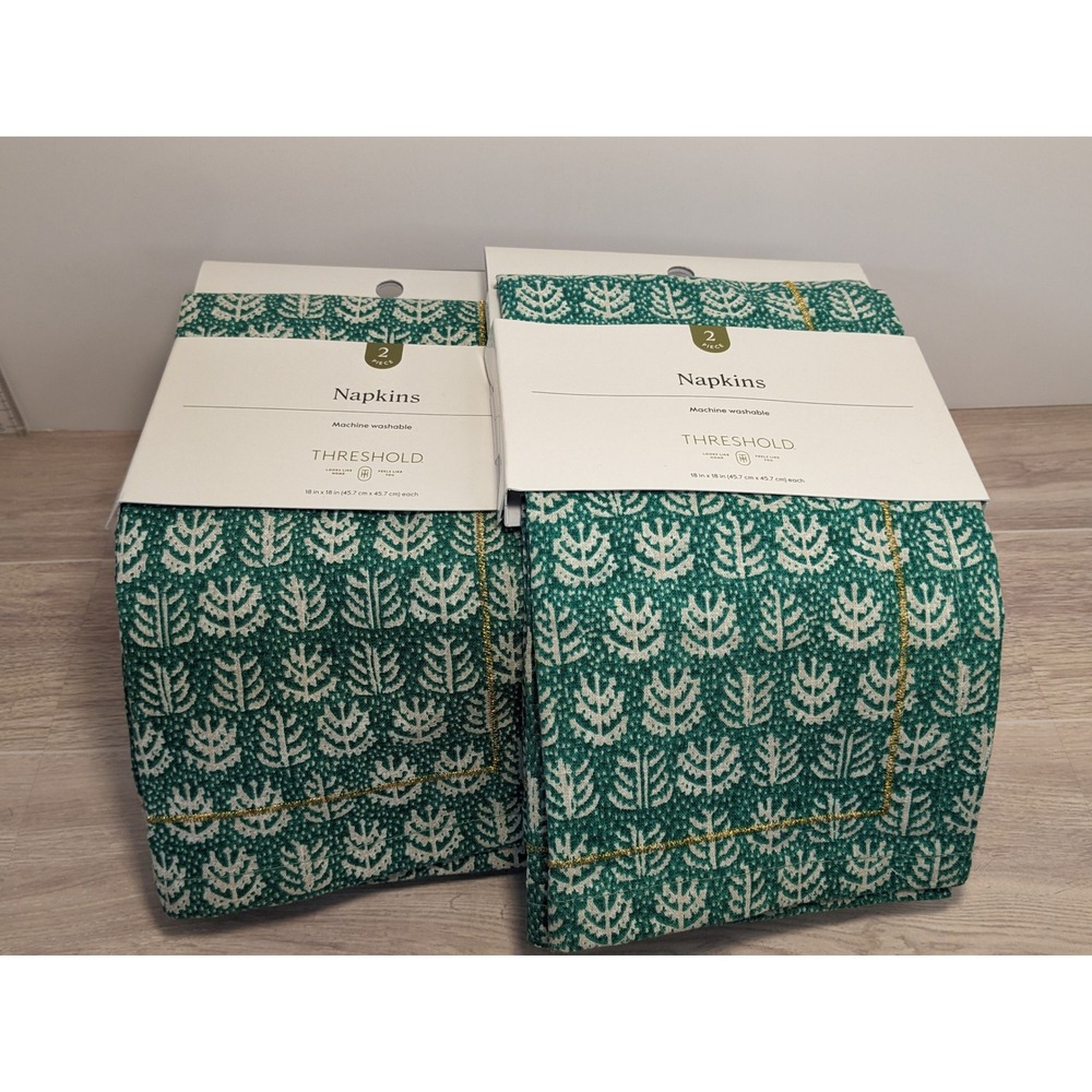 Threshold Green Block Print Cotton Napkins Set of 4 Gold Metallic Border 18x18